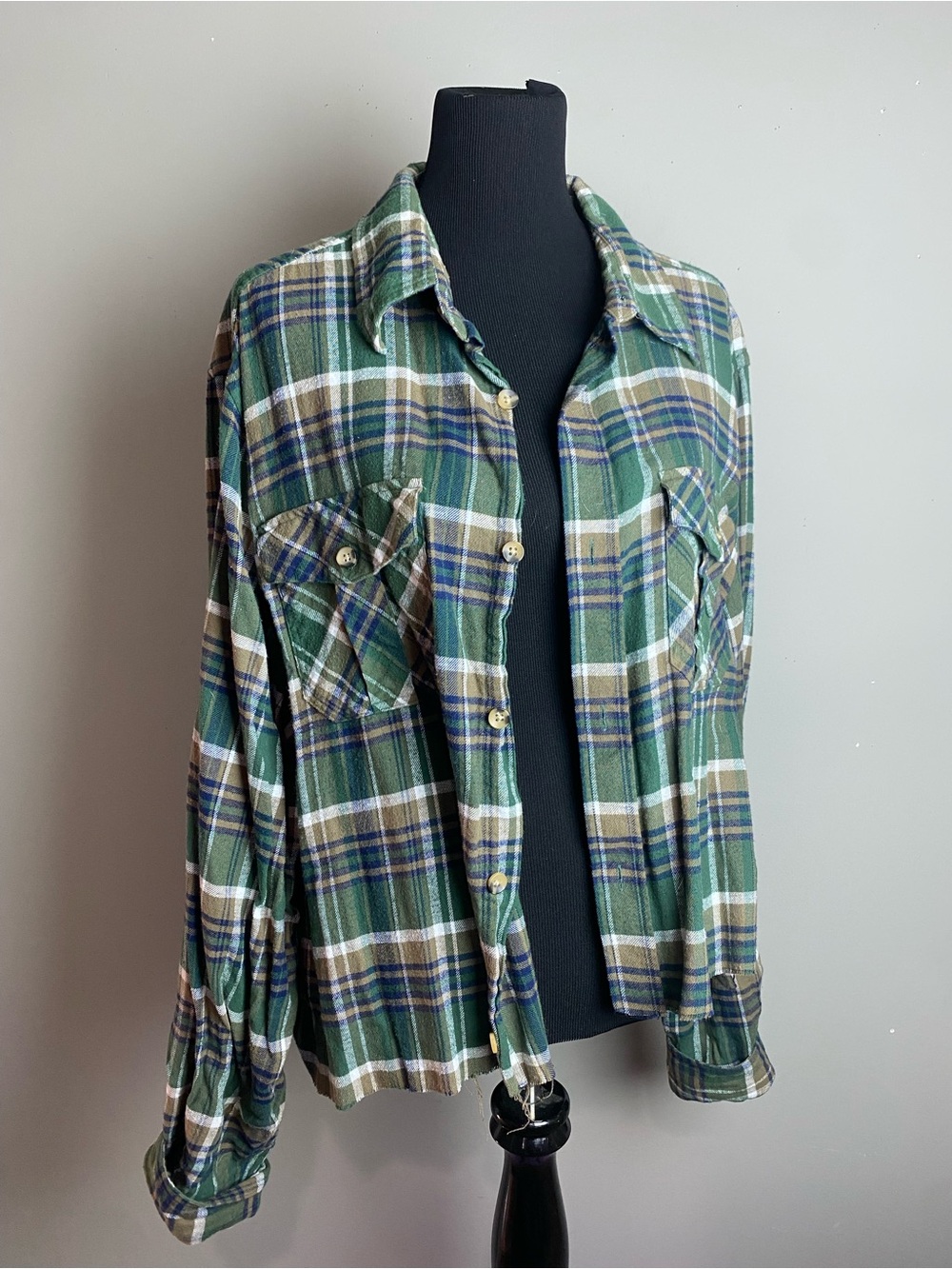 Cropped/Distressed Green Plaid Button-Front Flannel Shirt